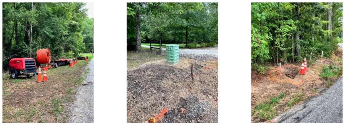 Fiber intallation equipment and orange cones, Fiber pedestal after installation, Orange cones around boring hole for underground fiber installation