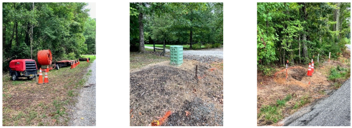 Fiber intallation equipment and orange cones, Fiber pedestal after installation, Orange cones around boring hole for underground fiber installation