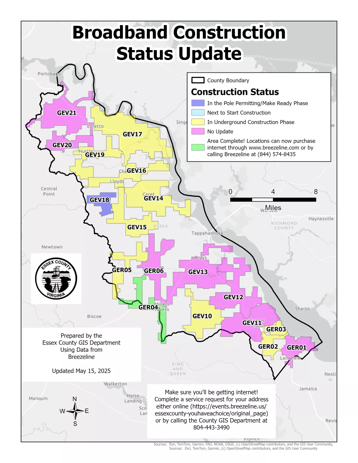 Map of Essex County showing regions in different phases of broadband expansion. Currently, the only completed area is GER04 in the southwest