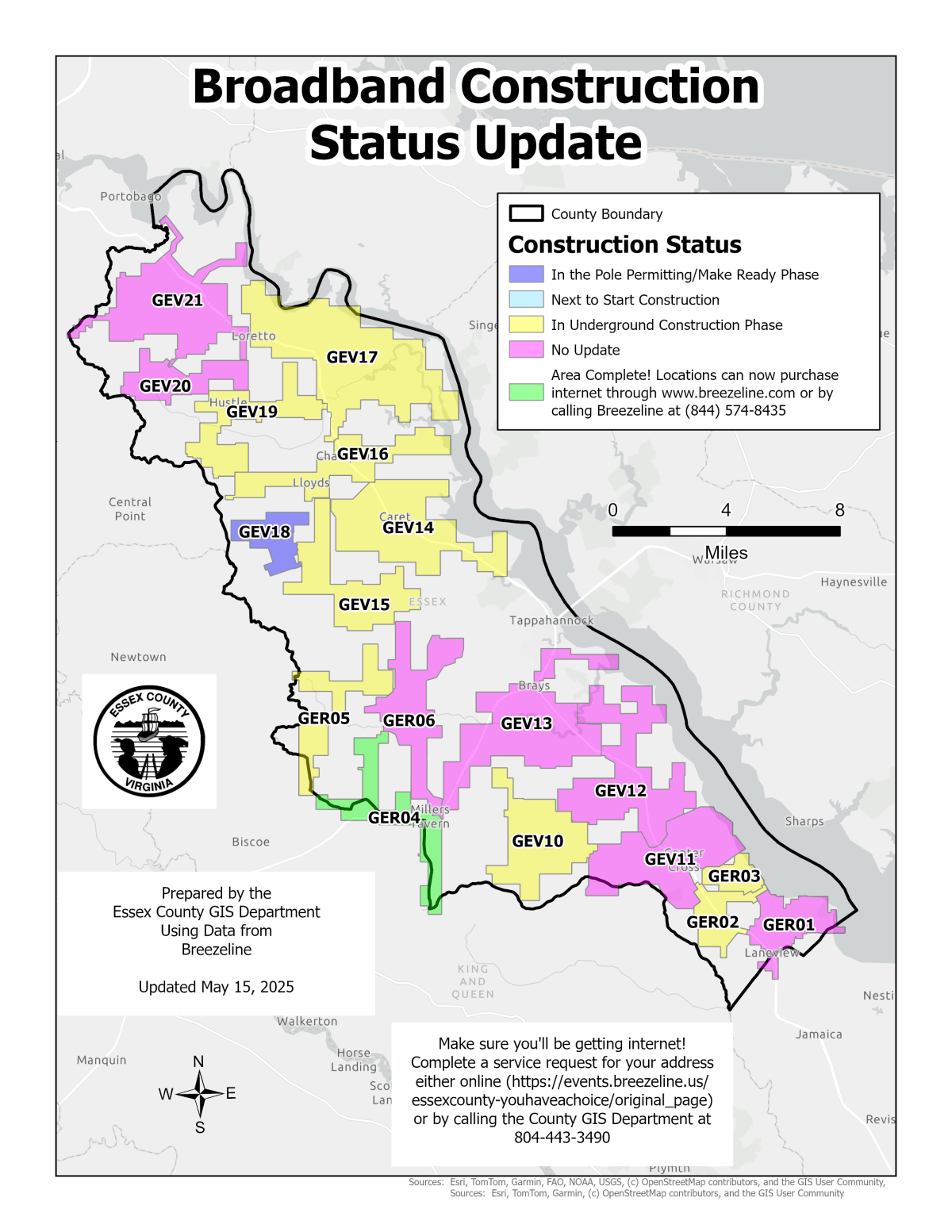 Map of Essex County showing regions in different phases of broadband expansion. Currently, the only completed area is GER04 in the southwest