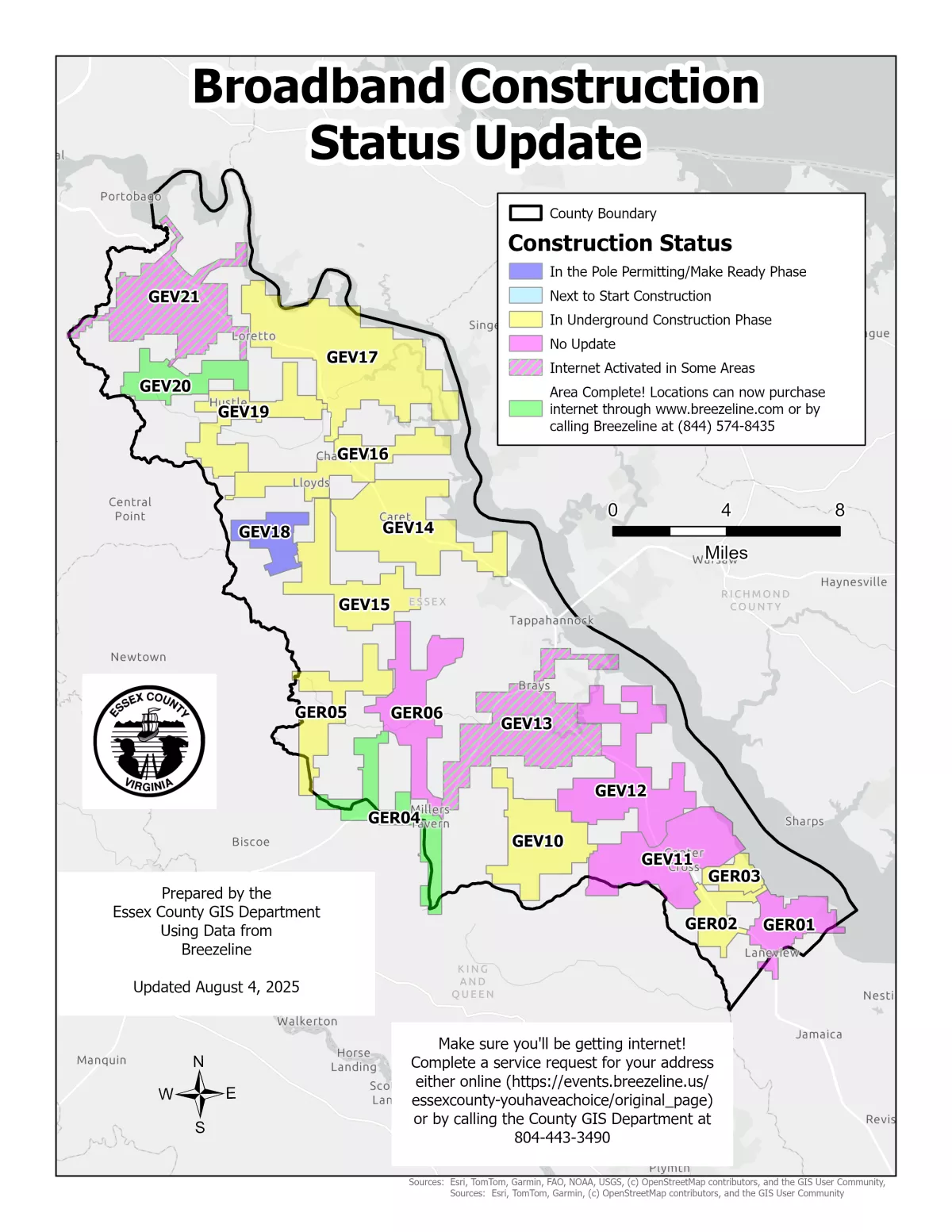 Map showing broadband construction progress in Essex County, VA. GER04 and GEV20 are complete, while GEV21 and GEV13 have some areas active and some areas still under construction.
